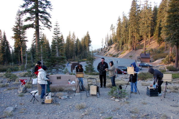 This is a photo of articipants who are seting up to paint Mount Shasta en plein air at an Autumn Workshop with Stefan Baumann.