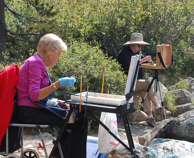 This photos is of Irene and Carol at Basics Workshop 2015 painting at Castle Lake
