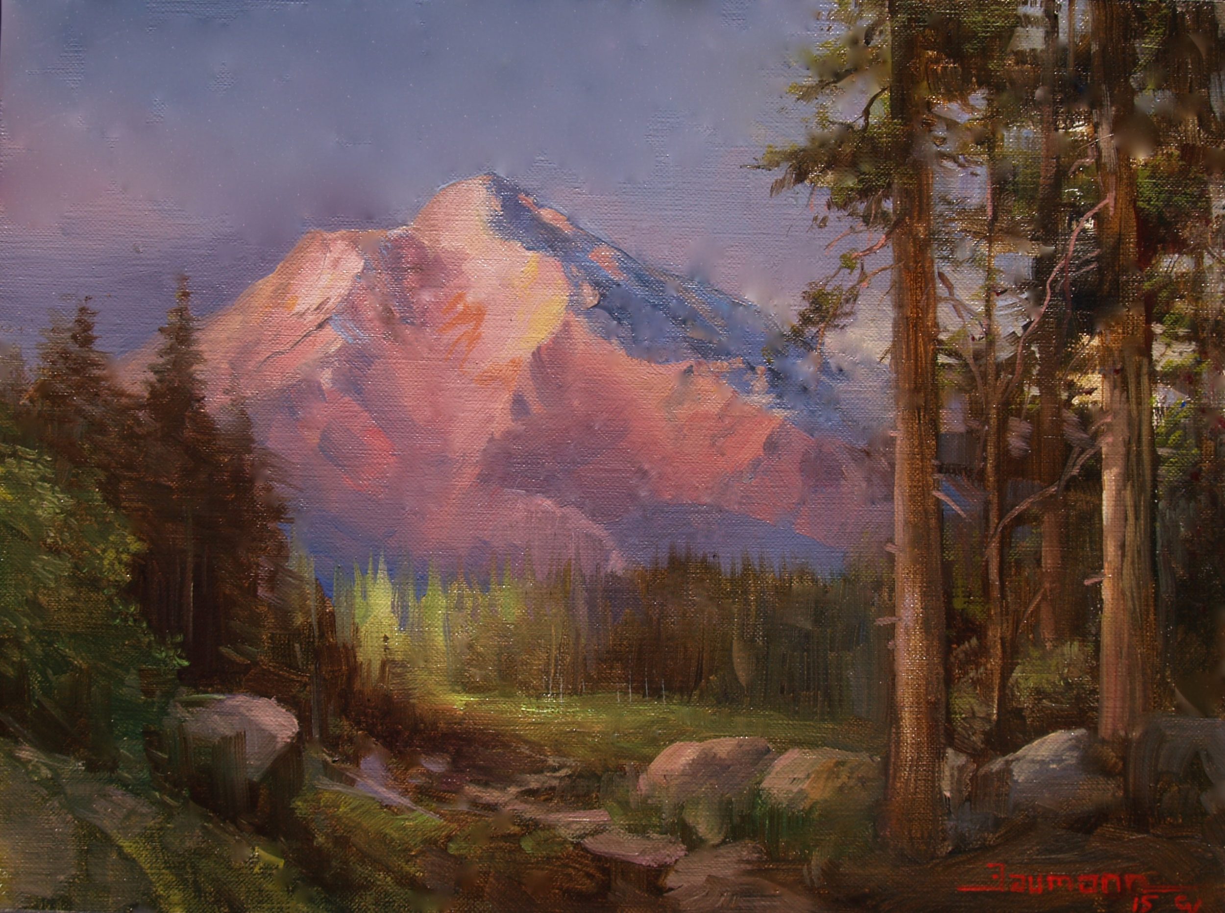 This is a painting by Stefan Baumann of Panther Meadows located at Mt. Shasta, CA featuring a alpine glow in pinks and orange paint that highlight the sun on the mountain.