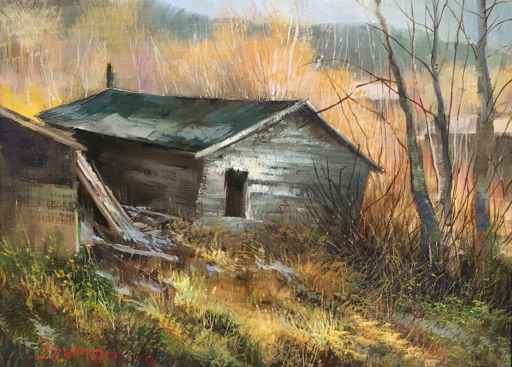 This is a painting called Abandoned Cabin by Stefan Baumann of an old cabin located at Mt. Shasta, CA that was built in the early 1900's and was a historic part of the city.